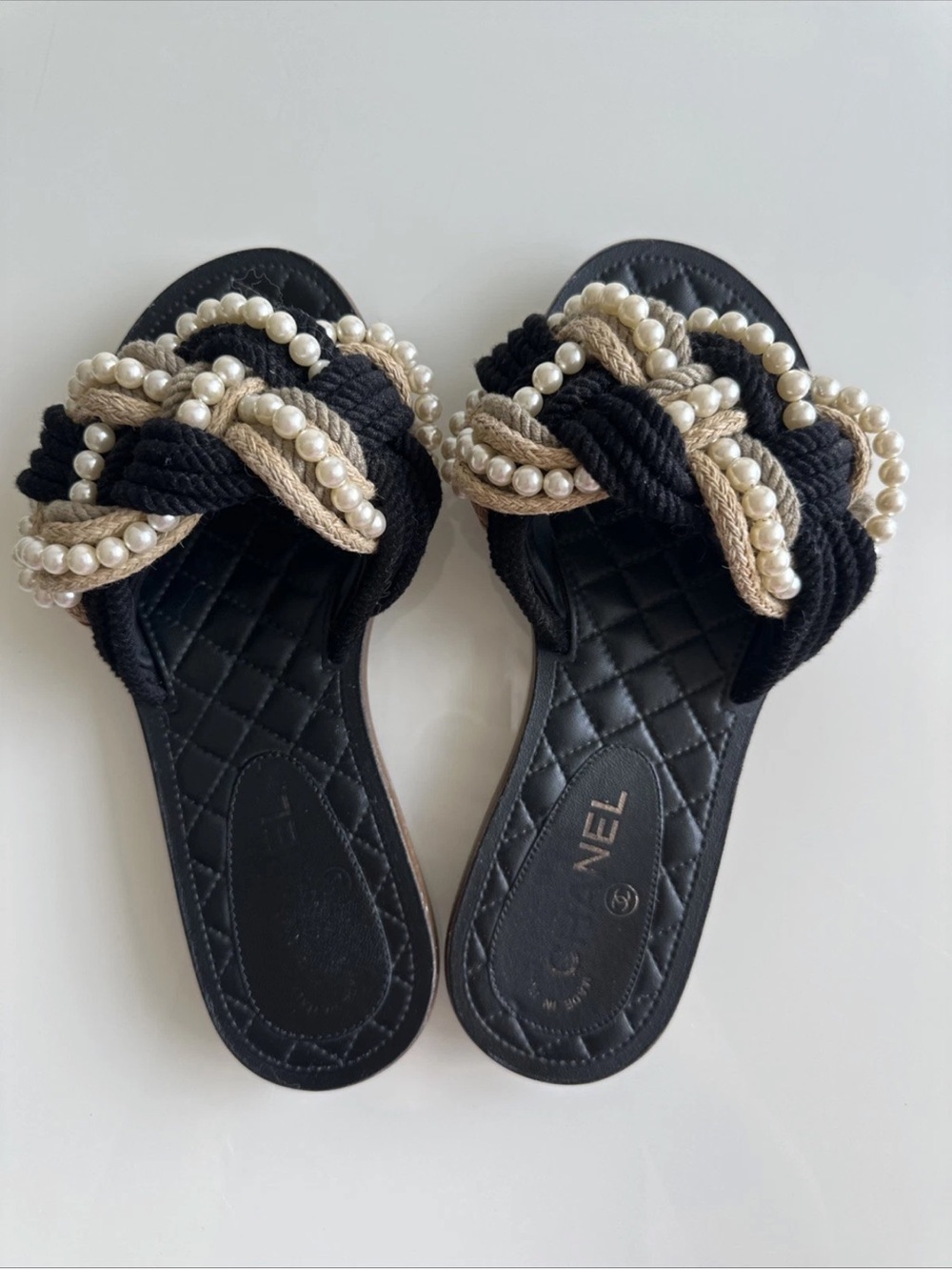 CHANEL 2019 Faux Pearl Accents Slides  Women's Shoes Size 38 Authentic